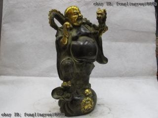 Folk Classic Bronze Copper Gilt happy Maitreya Buddha Play bliss Dragon Statue 8