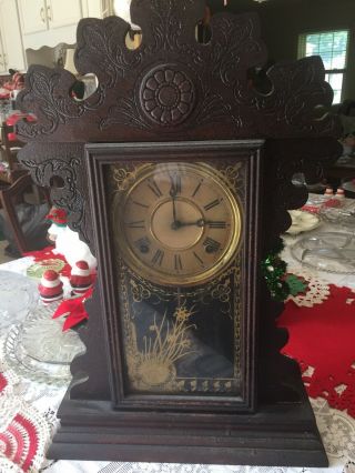 Rare Antique Clock E.  N.  Welch Mfg Co Mantel Carved Gingerbread Key Pendulum Runs