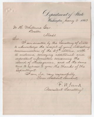 1863 Frederick Seward Ls Signed William Abraham Lincoln Assassination Letter