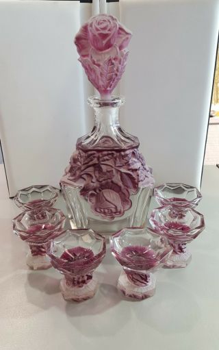 Mid Century Modern Lavender Roses Glass Decanter With Cordial Shot Glasses