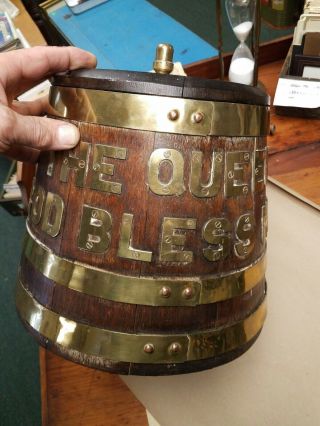 Antique The Queen God Bless Her Oak & Brass Grog Barrel.  Royal British Navy.