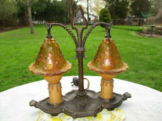 Art Deco Small Desk Hall Table Lamp Bronze Base Amber Glass Smoke Bell Shades