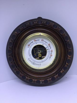 Circular Carved Wood Aneroid Barometer Antique European Barometer