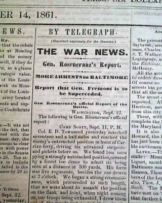 Rare Davenport Ia Civil War Era W/ Battle Of Carnifex Ferry Wv 1861 Newspaper