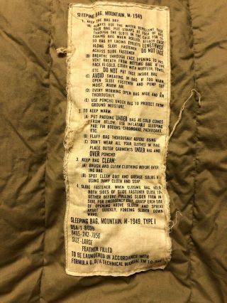 LARGE VINTAGE US MILITARY M - 1949 DOWN FILLED MUMMY STYLE MOUNTAIN SLEEPING BAG 6