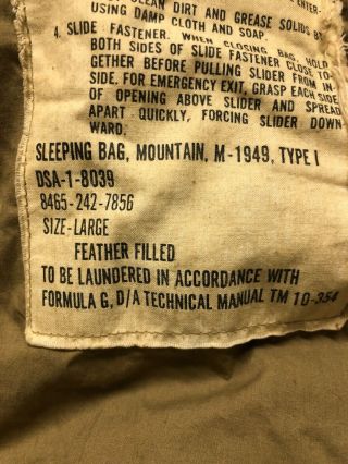 LARGE VINTAGE US MILITARY M - 1949 DOWN FILLED MUMMY STYLE MOUNTAIN SLEEPING BAG 7