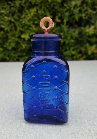 Vtg U.  D.  & Co.  Triangular Cobalt Blue Glass Poison Bottle Diamond Lattice Cork