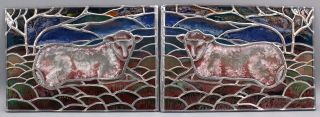 Pr Signed Reverse - Painted Pictorial Stained Leaded Glass Windows W/ Sheep