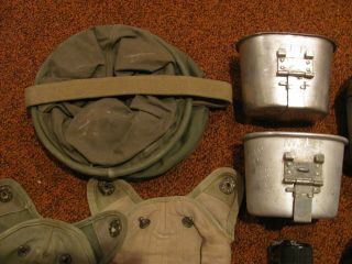 WWII US Army M - 1910 canteens 2 cups 5 covers,  canvas water bucket,  gaskets,  caps 10