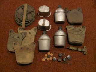 Wwii Us Army M - 1910 Canteens 2 Cups 5 Covers,  Canvas Water Bucket,  Gaskets,  Caps