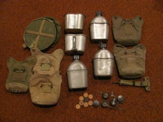 WWII US Army M - 1910 canteens 2 cups 5 covers,  canvas water bucket,  gaskets,  caps 2