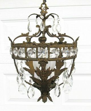 Vintage Made Spain French Empire Style Brass Crystal Prism Bird Cage Chandelier