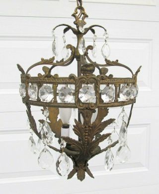 Vintage Made Spain French Empire Style Brass Crystal Prism Bird Cage Chandelier 2