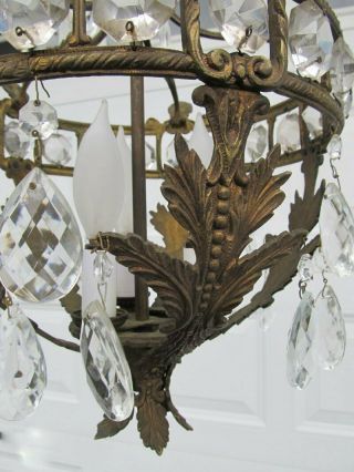Vintage Made Spain French Empire Style Brass Crystal Prism Bird Cage Chandelier 3