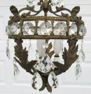 Vintage Made Spain French Empire Style Brass Crystal Prism Bird Cage Chandelier 4
