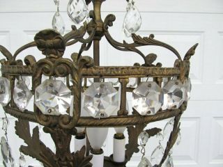 Vintage Made Spain French Empire Style Brass Crystal Prism Bird Cage Chandelier 6