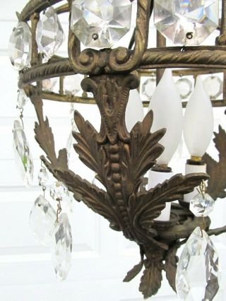 Vintage Made Spain French Empire Style Brass Crystal Prism Bird Cage Chandelier 7