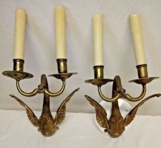 Just Pair Brass French Empire Swan Figural Wall Sconces Hardwire