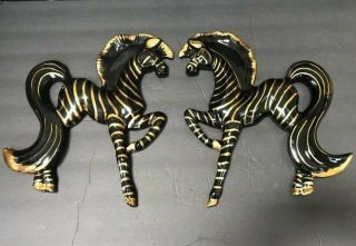 Vtg Norcrest Japan Mid Century Black Gold Ceramic Wall Decor Art Zebras Set Pair