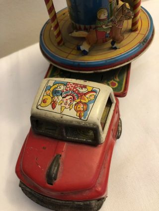 RARE ANTIQUE TN NOMURA TIN TOY LITHO CLOWN CIRCUS TRUCK CAROUSEL FRICTION DRIVE 3