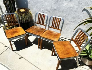 4 Shaw Walker Aluminum Wood Chairs 1959 Navy Mcm Dining Industrial Office Emeco