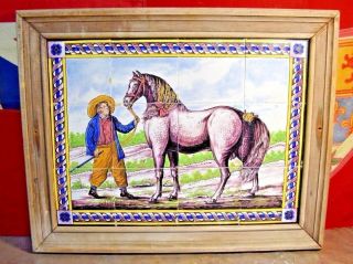 Antique Dutch Delft Polychrome 12 Tile Mural With A Horse And Farmer