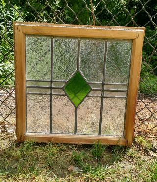 Antique Leaded Stained Glass Window With Wood Frame.  Salvage 21 " X 21 "