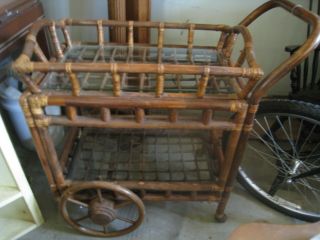 Mid Century Modern Bamboo Serving Cart With Removable Glass Trays