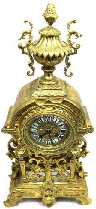Antique French Mantle Clock 1870s Embossed Pierced Bronze Bell Striking 11