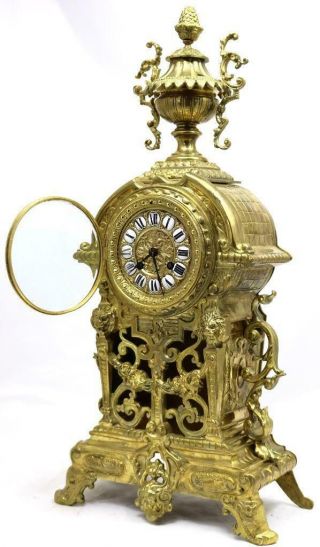 Antique French Mantle Clock 1870s Embossed Pierced Bronze Bell Striking 2
