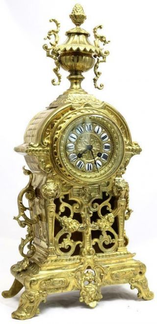 Antique French Mantle Clock 1870s Embossed Pierced Bronze Bell Striking 3