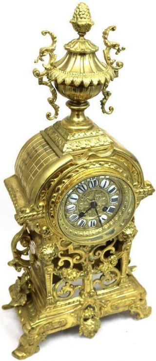 Antique French Mantle Clock 1870s Embossed Pierced Bronze Bell Striking 4