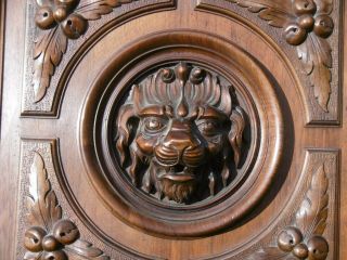 19thc Gothic Mahogany Panel With Large Carved Lion Head C.  1870