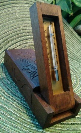 Vintage - Swiss - Black Forest Carved Wood - Small Box - Travel Thermometer - Stamped