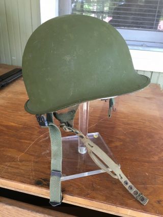 Vietnam Era Us Helmet With Rare Paratrooper Liner W/ Impact Pad Chin Straps Exc