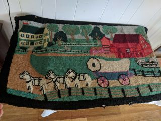 Antique Folk Art Hooked Rug Farm Scene Horses Covered Wagon Cows Barns & House