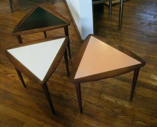 Umanoff Vtg Mcm Danish Modern Set Triangular Nesting Teak / Formica Side Tables