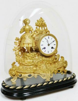 Antique French 8 Day Striking Gilt Metal Mantel Clock Under Glass Dome 2