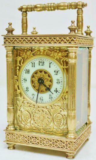 Antique French Carriage Clock 8 Day Brass Fretwork & Glass Mask Dial Timepiece