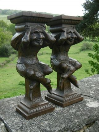 Pr 19thc Gothic Oak Carved Cross - Legged Goblin Figures C.  1860 