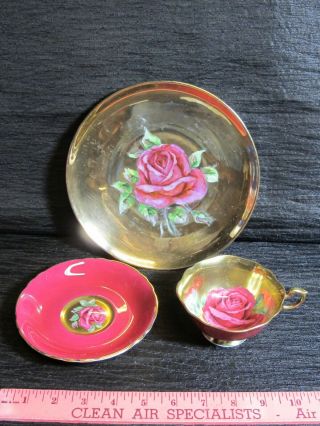 Rare Paragon Gold Cabbage Rose Tea Cup Saucer Trio Set Hand Painted Stunning Red