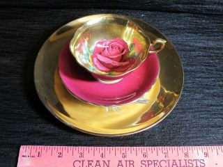 rare PARAGON Gold CABBAGE ROSE Tea Cup Saucer TRIO set Hand Painted STUNNING red 2