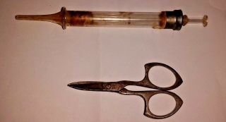 Antique Glass Syringe / Dropper And Scissors Possibly Civil War Era