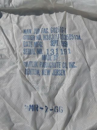 Korea/Vietnam era US Navy Parachute 1959 Switlik Parachute CO.  MR - 7 - 66 3