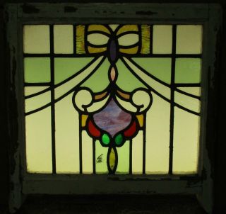 EDWARDIAN ENGLISH LEADED STAINED GLASS SASH WINDOW Colorful Swag 21.  5 