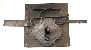 Huge 17th Century Spanish Deadbolt Door Lock - 12 3/16 " Sq.  Plate - Great Surface