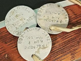 WWI US ARMY 4TH DIVISION HQ DET DT CAST ALUMINUM ROUND DOG TAGS 3PC SGT NAMED 2