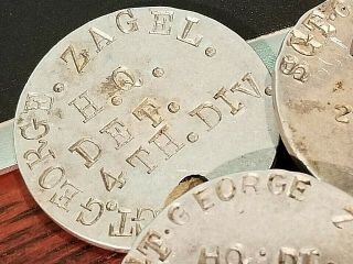 WWI US ARMY 4TH DIVISION HQ DET DT CAST ALUMINUM ROUND DOG TAGS 3PC SGT NAMED 5