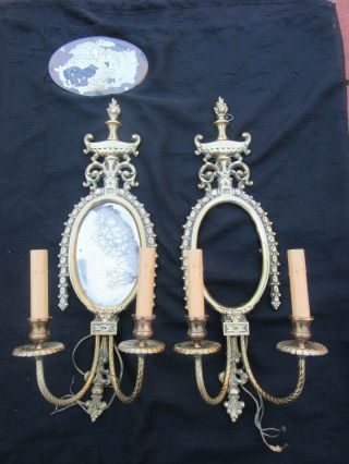 2 Antique Louis Xvi French Cast Brass Urn Parlor Mirror Candle Wall Sconce