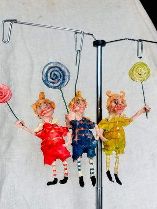 Primitive Handsculpted Papermache Wizard Of Oz Set 3 Munchins Lollipops 6”